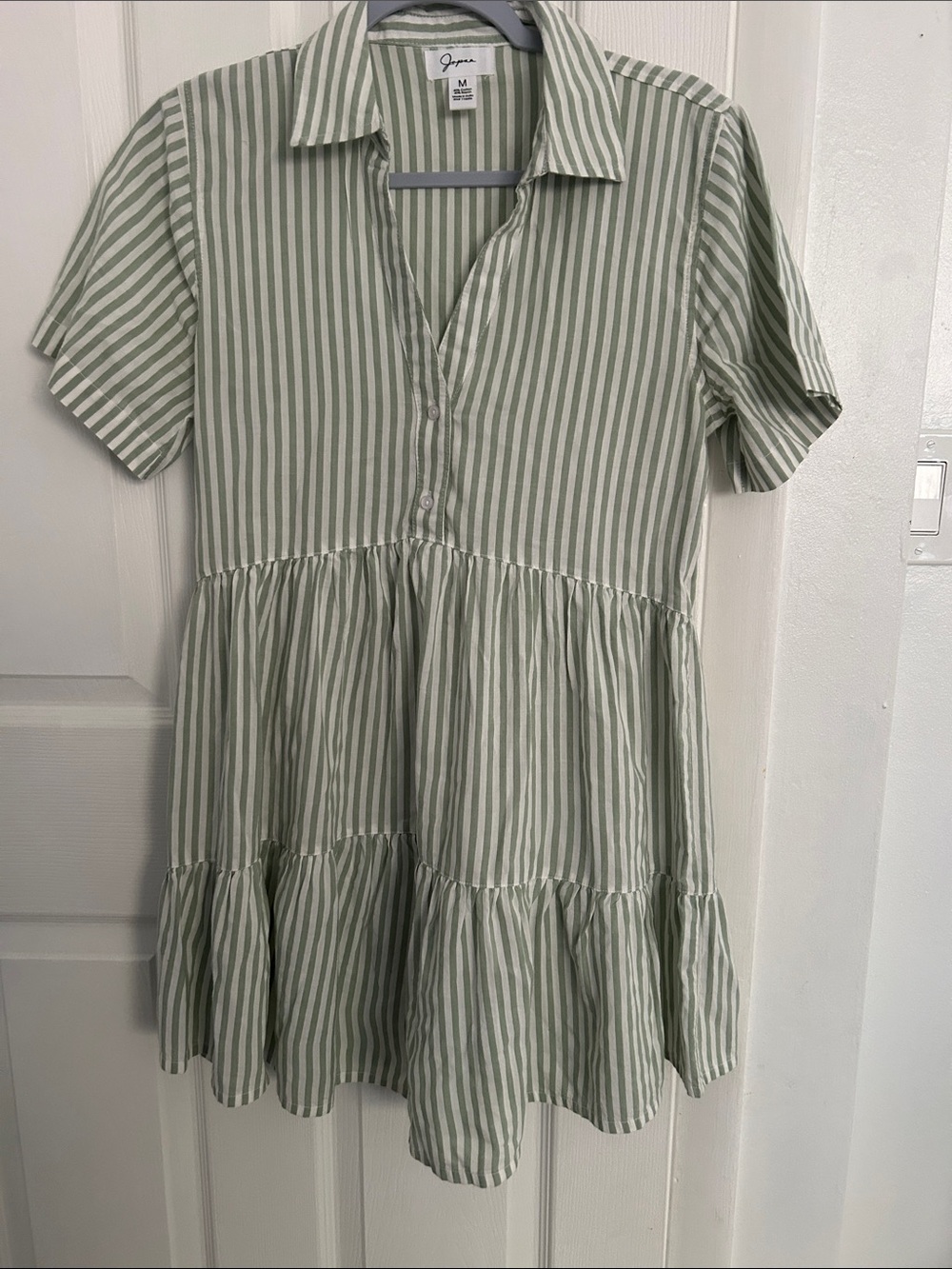 Japna Green and White Vertical Stripe Button-Front Blouse